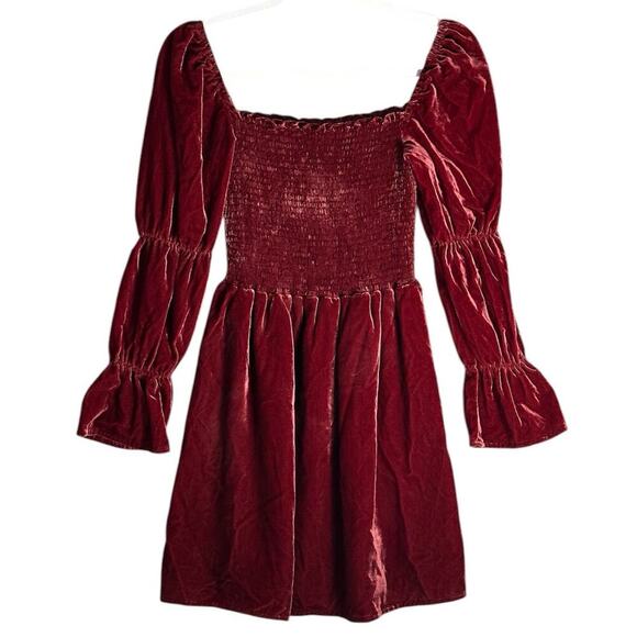o.p.t. Sz XS Hasher Smocked Velvet Mini Dress Gathered Bell Sleeve Square Neck - Picture 4 of 15